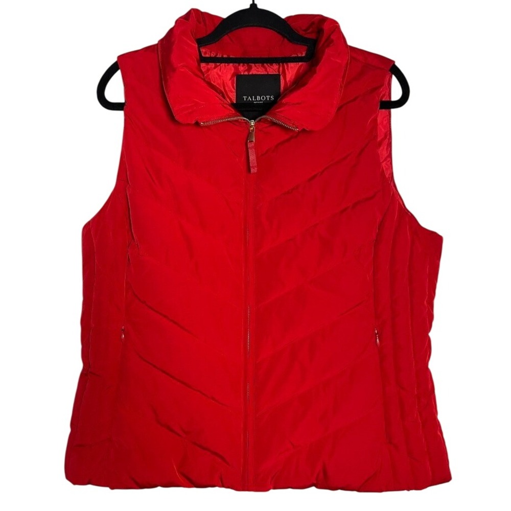 Talbots Red Down Puffer Vest Womens XL Petite Chevron Quilted Full Zip Pockets